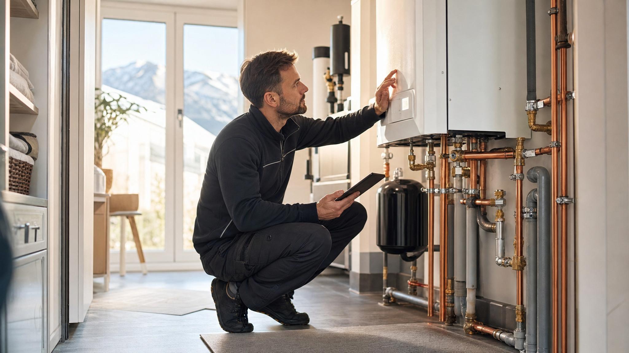Installateur prüft Therme und Wasserleitungen in einem modernen Technikraum